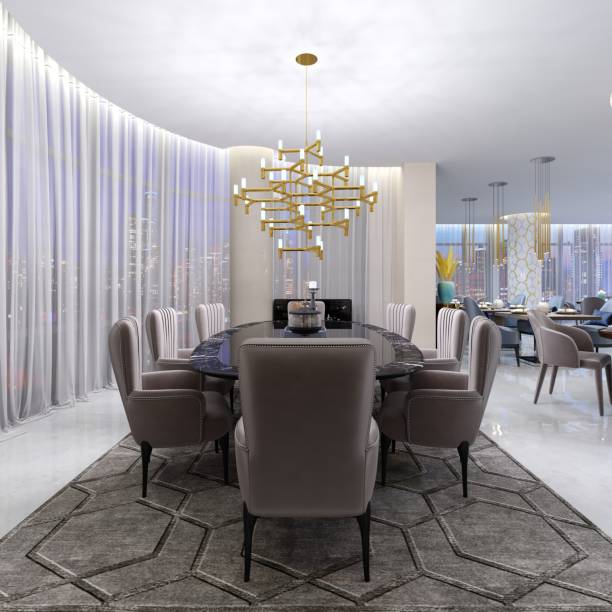 istock Large dining table in the hotel for eight people with a black table with a glass tabletop. Large and soft comfortable chairs and a golden chandelier near a large panoramic window. 1087234734