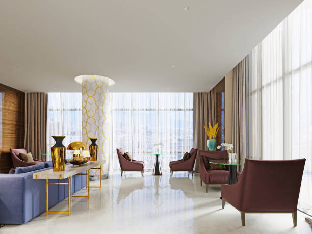 istock Lobby hotel, light colors space with a golden console with decor, a sofa and armchairs with tables. 1087237106