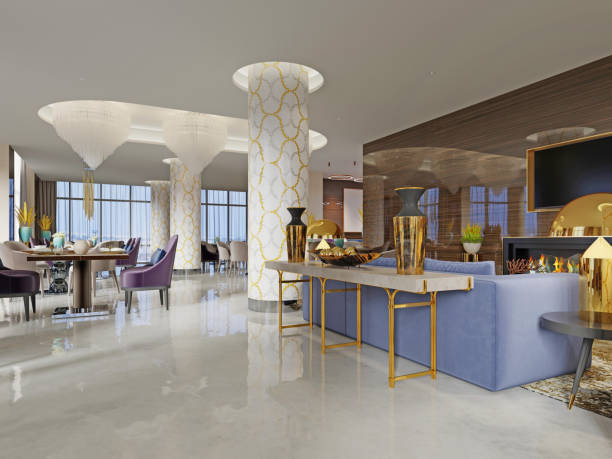 istock Lobby hotel, light colors space with a golden console with decor, a sofa and armchairs with tables. 1087239396