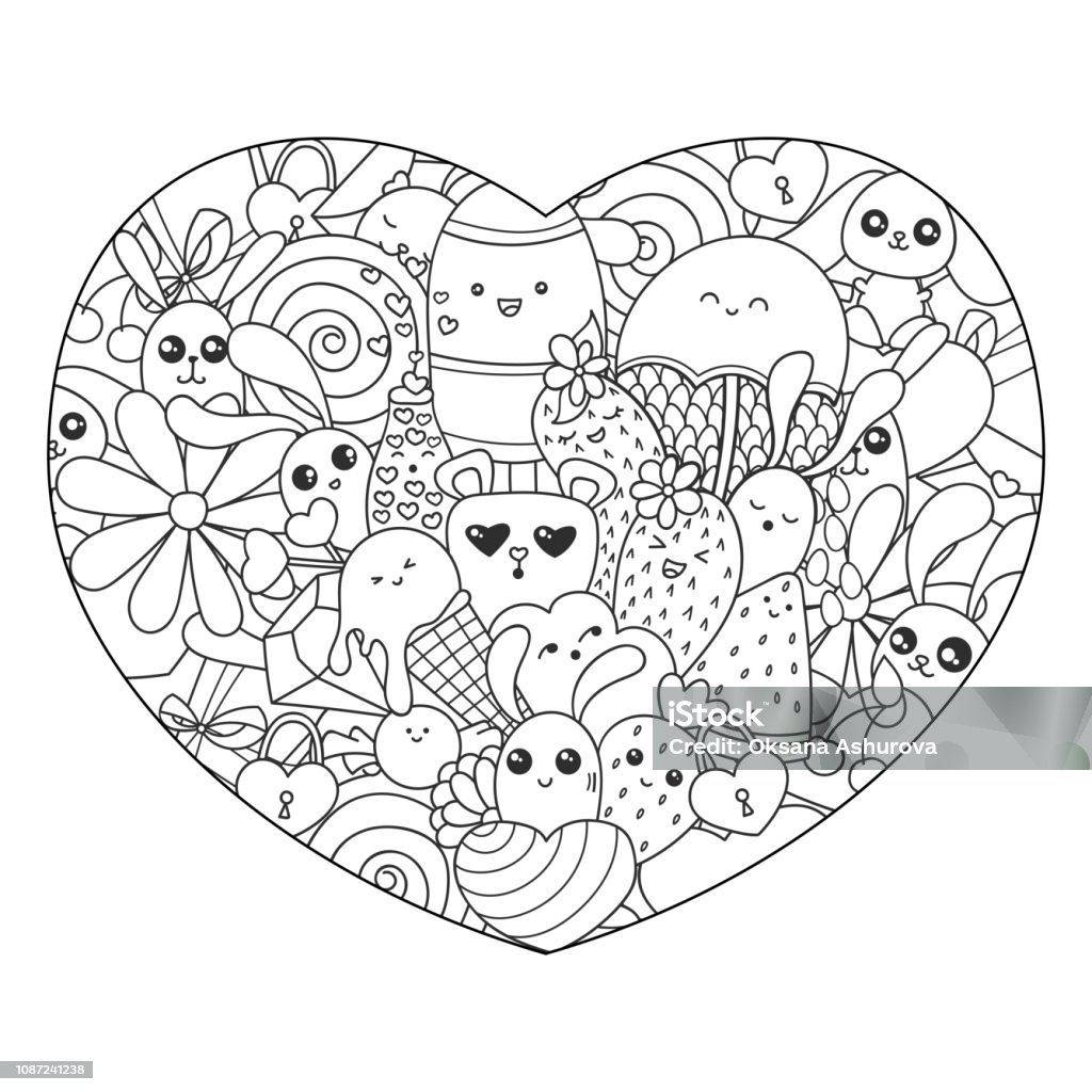 Doodle Art In The Shape Of Heart With Ice Cream Sweets And Kawaii ...