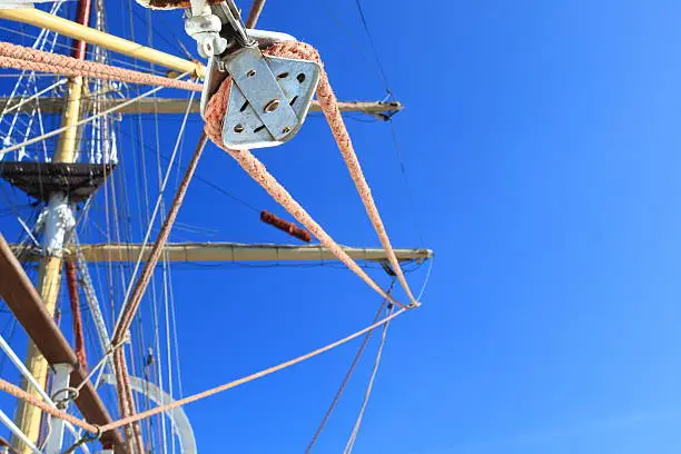 Photo of wires, rope detail, rigging of boat
