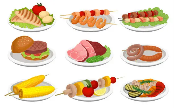 Vector illustration of Grilled food set, delicious dishes for barbecue party menu, meat and vegetarian food vector Illustration on a white background