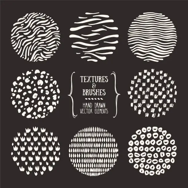 Vector illustration of Hand drawn patterns, round textures, abstract backgrounds. Poster, Flyer, Invitation design templates. Vector clipart collection isolated on black background.