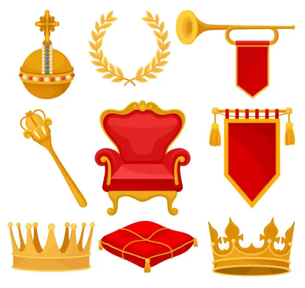 Vector illustration of Monarchy attributes set, golden orb, laurel wreath, trumpet, throne, scepter, ceremonial pillow, crown, flag, heraldic symbols vector Illustration on a white background