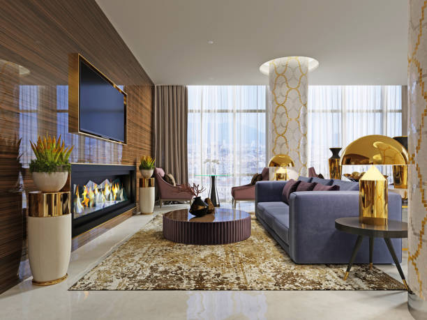 Hotel lobby cafe interior, with fireplace and tv. Hotel lobby cafe interior, with fireplace and tv. 3d rendering gold desk lamp stock pictures, royalty-free photos & images
