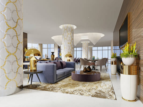 Hotel lobby cafe interior, with fireplace and tv. Hotel lobby cafe interior, with fireplace and tv. 3d rendering gold desk lamp stock pictures, royalty-free photos & images