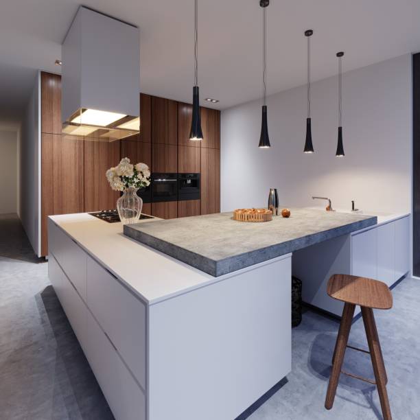 istock Scandinavian white kitchen in evening light with decor, minimalistic interior design, 1087251144
