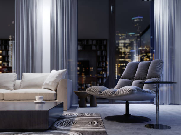 istock Designer soft chair with quilted upholstery in the evening interior. 1087253588