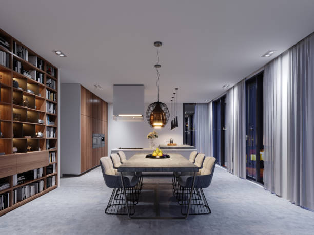 istock Large dining room with kitchen, large dining table in a fashionable contemporary style. Creative design solution for the interior of the dining-kitchen. 1087253676