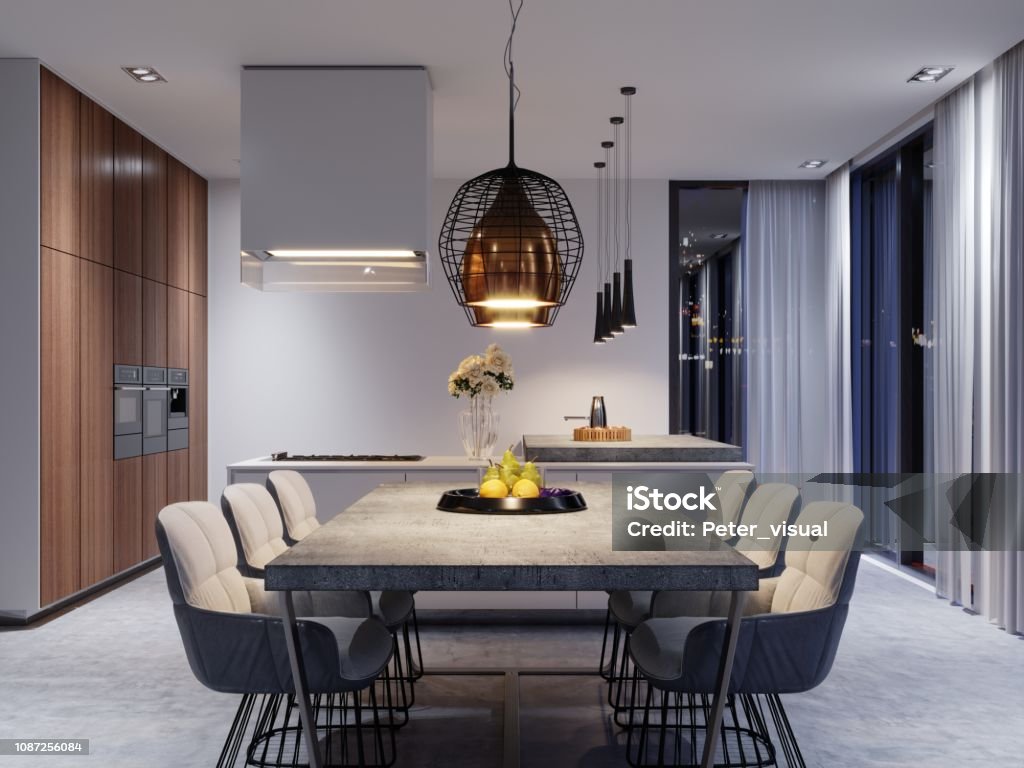 A large dining table with a concrete worktop, large designer hanging lamps and six stylish chairs. A large dining table with a concrete worktop, large designer hanging lamps and six stylish chairs. 3d rendering. Apartment Stock Photo