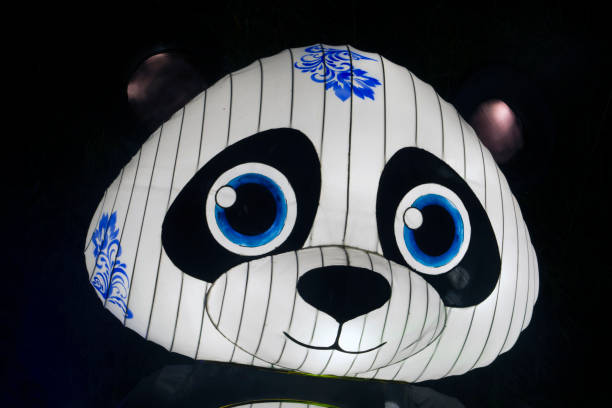 RHENEN, THE NETHERLANDS - DECEMBER 14, 2018: Panda bear headshot at a China Light Festival in Ouwehands zoo ,Rhenen