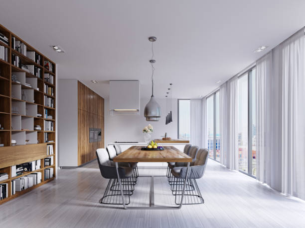 istock Beautiful white dining room with a large table and designer chairs 1087260480