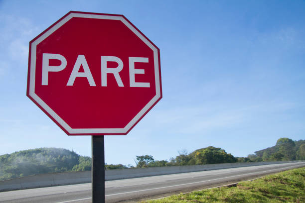 istock Red plate stop PARE transit sign 1087268040
