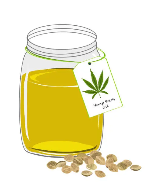 Vector illustration of Hemp oil n a glass jar isolated on a white background. Vector