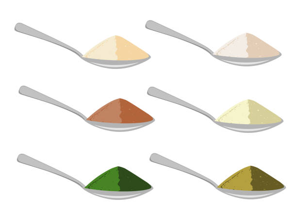 Spoons with differrent sources protein powder. Vector illustration. Spoons set with differrent sources protein powder. Milk, soy, meat, egg,spirulina, and hemp protein. Vector illustration. handful stock illustrations