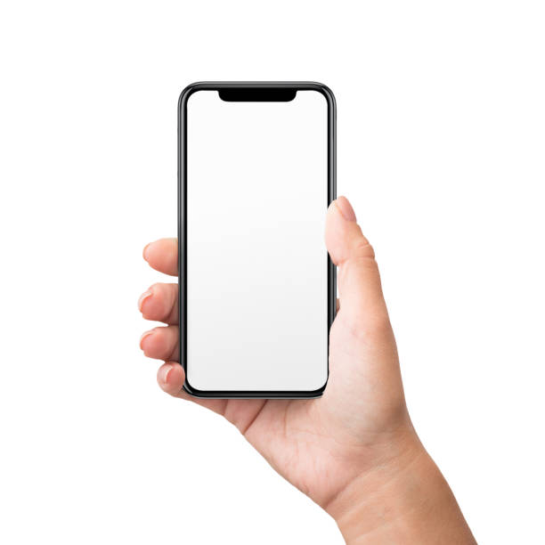 mão de mulher segurando preto smartphone com tela em branco - touch screen touching technology expertise - fotografias e filmes do acervo