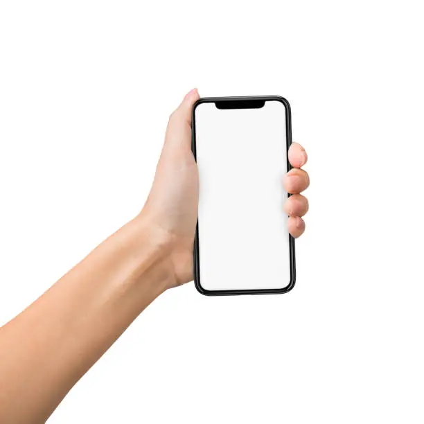 Photo of Hand grab mobile phone isolated on white background