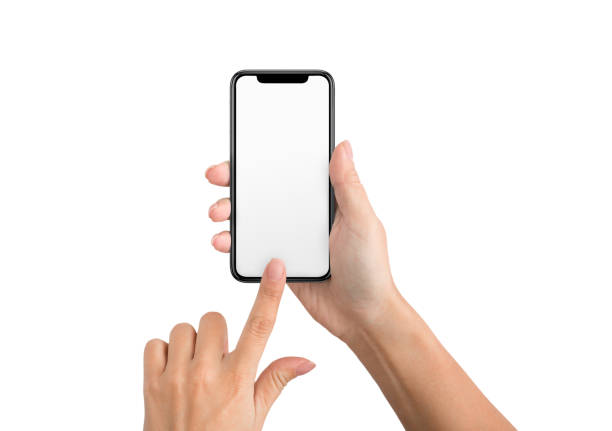 Female hand using blank touchscreen of smartphone Female hand using blank touchscreen of frameless smartphone, isolated on white background, mockup pushing photos stock pictures, royalty-free photos & images