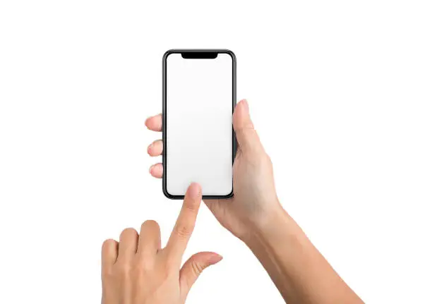 Female hand using blank touchscreen of frameless smartphone, isolated on white background, mockup