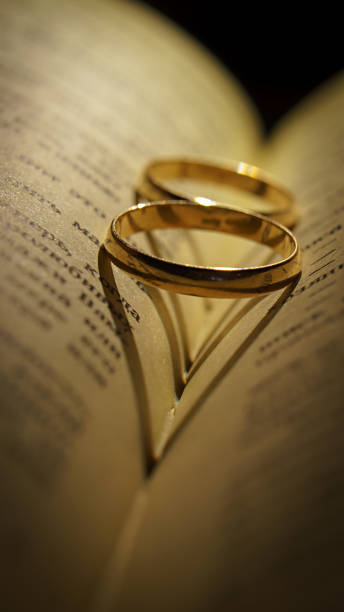 istock Gold wedding rings on an extended book 1087272412