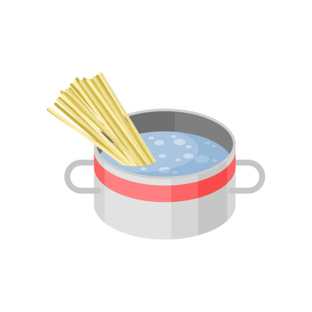 ilustrações de stock, clip art, desenhos animados e ícones de isometric vector icon of metal saucepan with boiling water and pasta spaghetti. cooking theme - boiling water