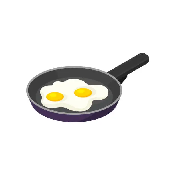 Vector illustration of Isometric vector icon of pan with fried eggs. Tasty morning meal. Appetizing dish for breakfast. Food theme
