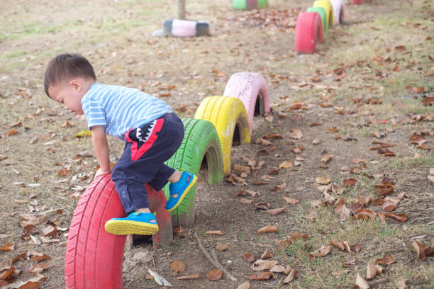 cute little asian 2 - 3 years old toddler baby boy child climbing, walking on balance tire - 2 3 years fotos imagens e fotografias de stock