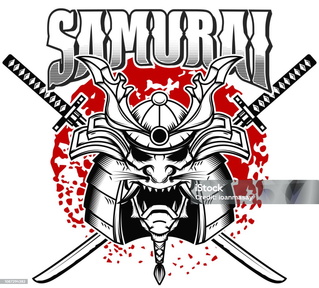 Emblem template with samurai helmet and crossed katanas on grunge background. Design element for label, sign, poster, t shirt. Emblem template with samurai helmet and crossed katanas on grunge background. Design element for label, sign, poster, t shirt. Vector illustration Ancient stock vector
