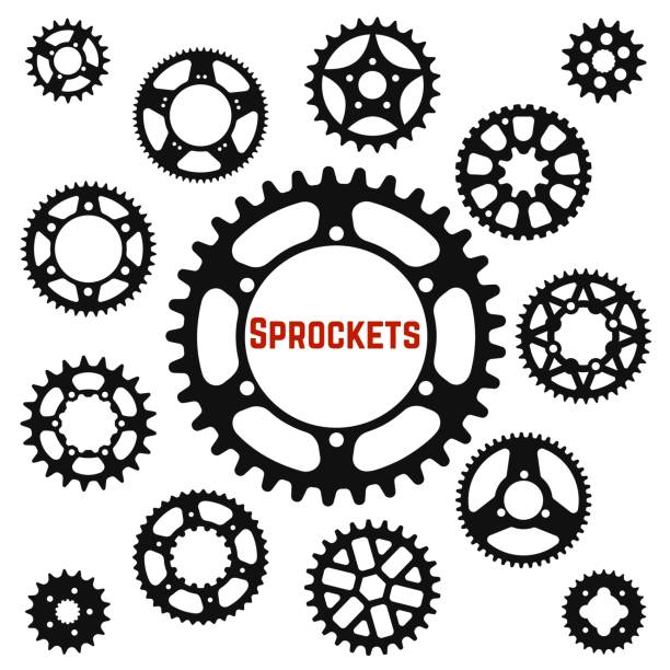 ilustrações, clipart, desenhos animados e ícones de silhuetas das rodas da engrenagem, conjunto de ícones do vetor - bicycle chain chain gear bicycle