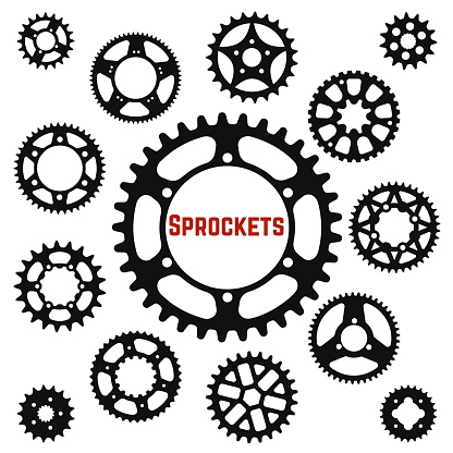 Vector set of silhouettes of the gear wheels and sprockets