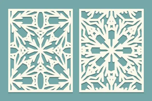 Vector illustration of Die and laser cut ornate panels with snowflakes pattern. Laser cutting decorative lace borders patterns. Set of Wedding Invitation or greeting card templates