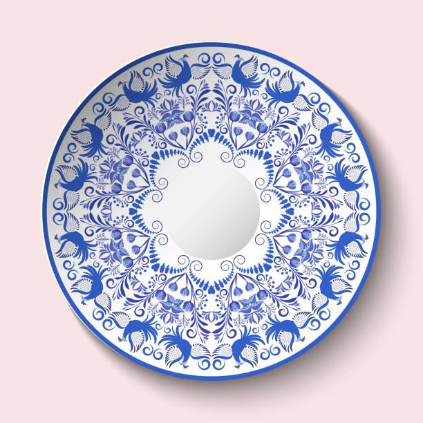 国立磁器の画風で花鳥で青い飾り模様板。 - plate china antique blue点のイラスト素材／クリップアート素材／マンガ素材／アイコン素材