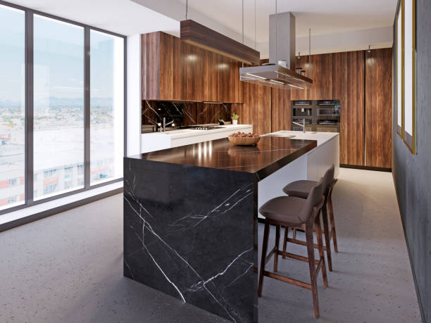istock Modern contemporary kitchen with black maramor bar. 1087303694