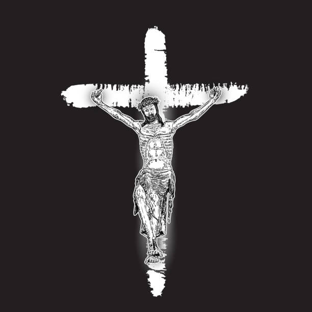 istock Jesus Christ crucifixion on hand painted ink brush cross on black background. Flash body tattoo. Symbol of Christianity prayer and religion. Concept spiritual and sacred holy. Vector. 1087305516