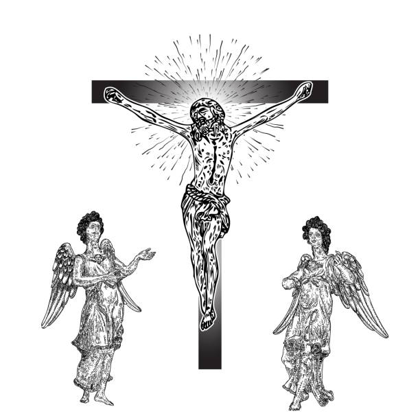 traurig, geflügelte engel in der nähe von jesu christi kreuzigung, neues zeitalter interpretation, sohn des gottes. fleisch-tattoo-referenz. karfreitag. vektor. - cross backgrounds christianity family stock-grafiken, -clipart, -cartoons und -symbole