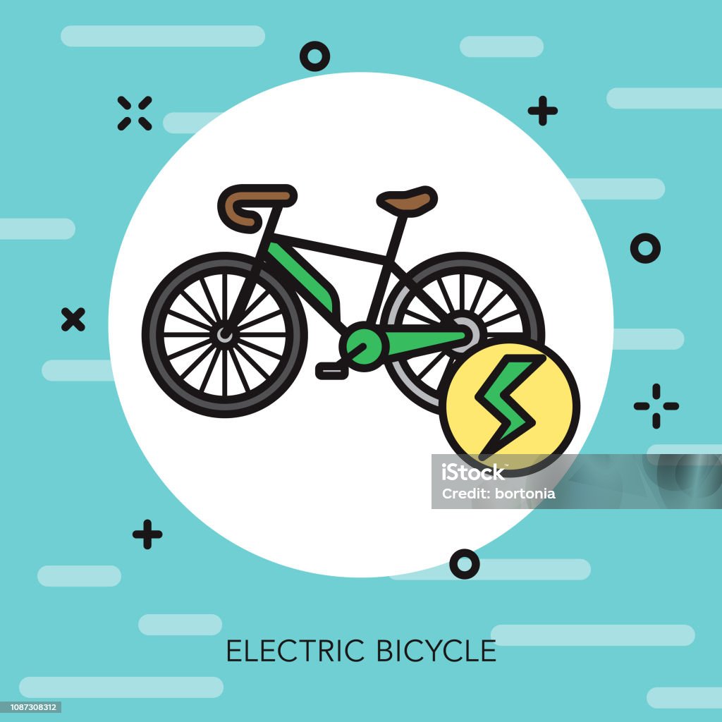 Electric Bicycle Icon A flat design/thin line icon on a colored background. Color swatches are global so it’s easy to edit and change the colors. File is built in CMYK for optimal printing and the background is on a separate layer. Electric Bicycle stock vector