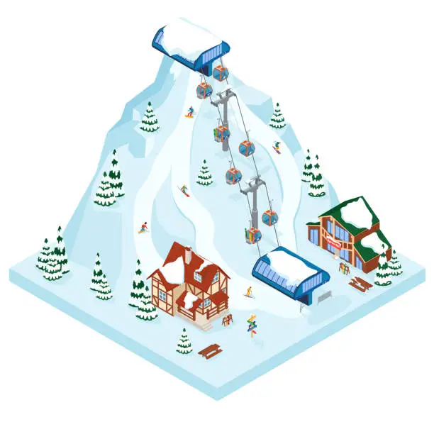 Vector illustration of Ski resort vacation gondola way. Winter outdoor holiday activity sport in alps, landscape with mountain view and forest. Alpine village chalet. Flat style 3d isometric vector illustration