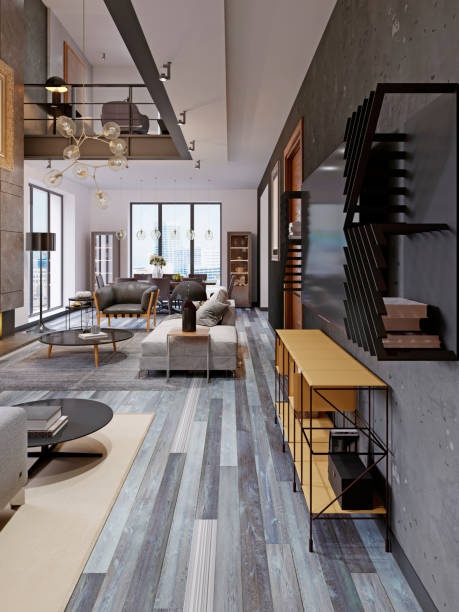 istock Modern studio apartment with a second floor in a loft style, with a yellow TV stand, a seating area and a dining table with panoramic windows. 1087312058