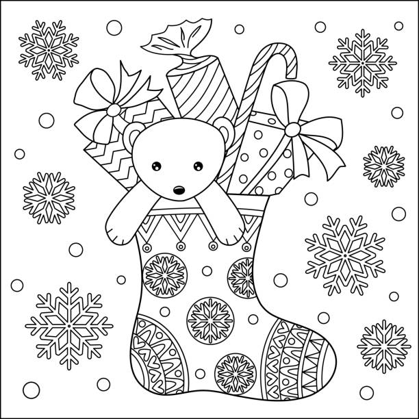 ładny niedźwiedź teddy i prezenty w skarpety kolorowanki strony - vector illustration and painting backgrounds sock stock illustrations