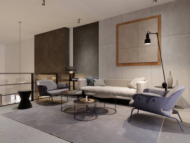 istock Loft style lounge area with sofa, two armchairs and decor. Designer concrete wall with details. Metal railings with glass. 1087318402