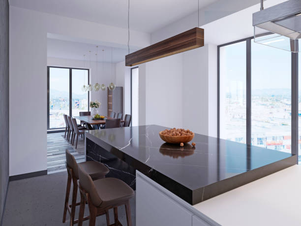 istock Modern bar counter in contemporary kitchen with dining area and large panoramic windows. 1087320518