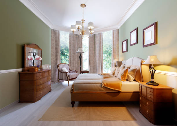 istock classic bedroom style with set of pillows and lamp on table side, interior design concept 1087324610