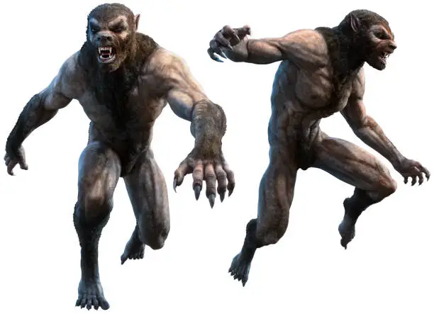 Werewolves in action poses 3D illustration