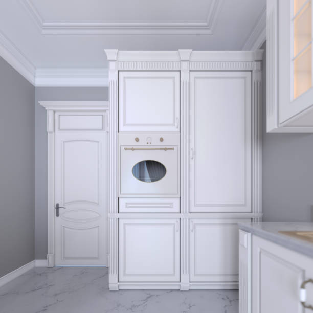 istock White kitchen furniture with built-in kitchen appliances, classic style. 1087326426
