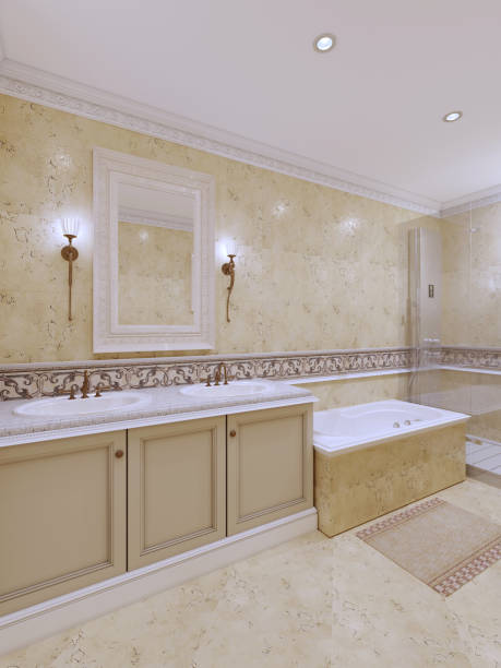 istock Yellow stone tiles and classic design in a lighted bathroom 1087327890
