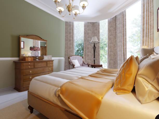 istock classic bedroom style with set of pillows and lamp on table side, interior design concept 1087330662