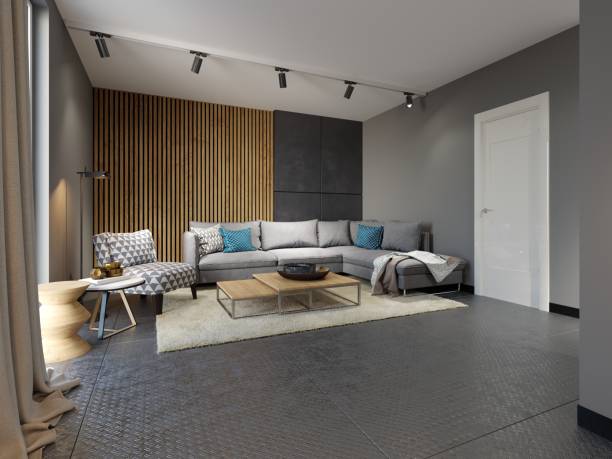 istock Minimalist contemporary living room with sofas in loft style flat. 1087335374