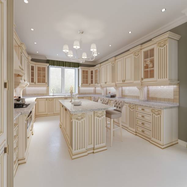 istock Kitchen interior and dining table in classical style with beige furniture 1087335510