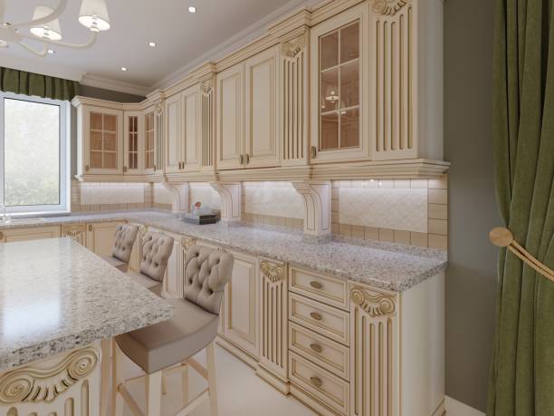 istock Classical wooden kitchen with wooden details, beige luxury interior design 1087335540