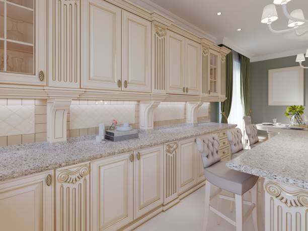 istock Classical wooden kitchen with wooden details, beige luxury interior design 1087340252